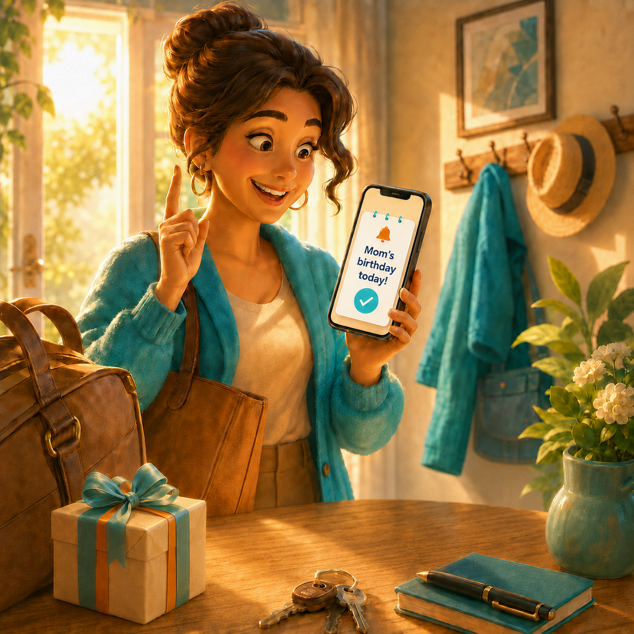 A woman relieved by a birthday reminder on her phone beside a wrapped gift