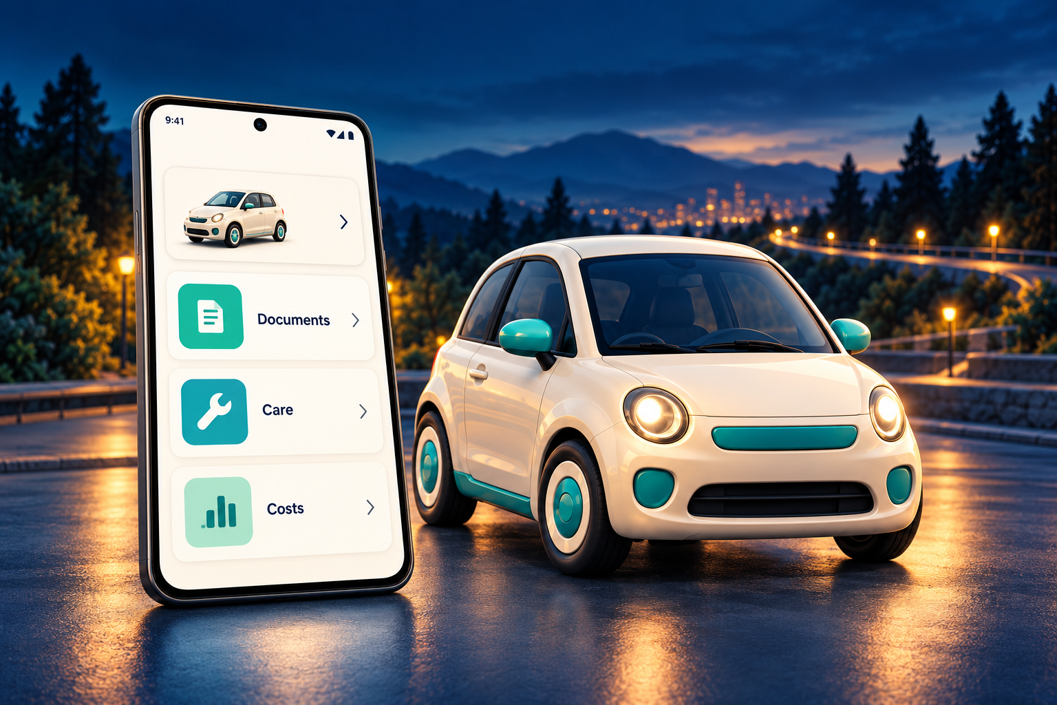 A cream car and vehicle organizer phone against a navy twilight landscape