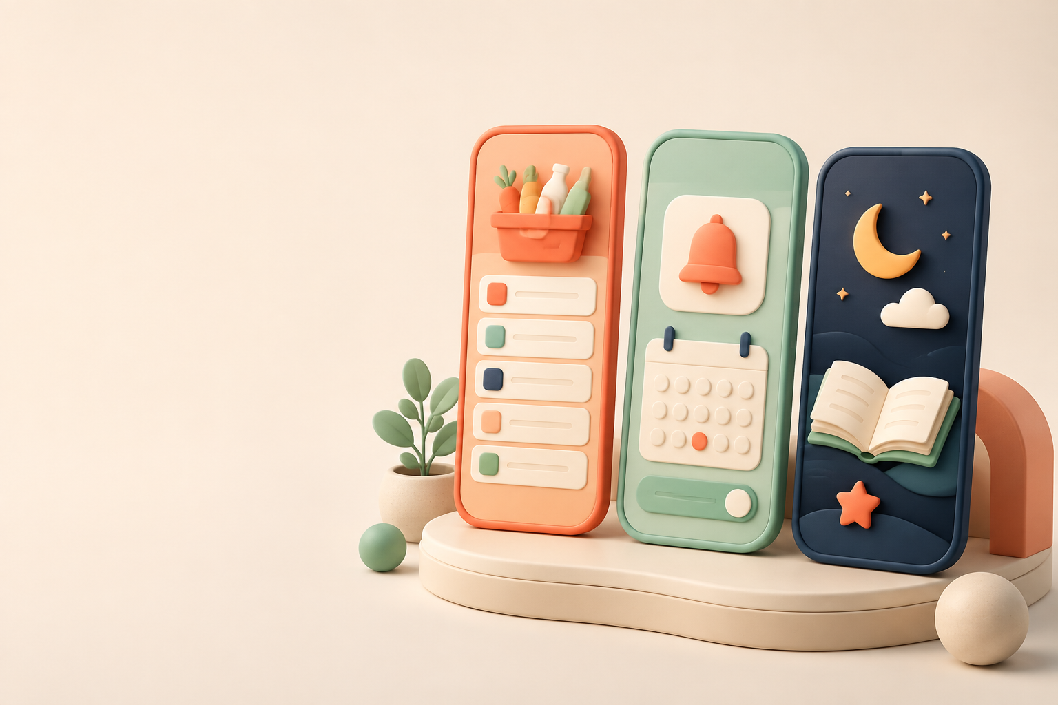 Three app concepts representing shopping, reminders, and bedtime stories