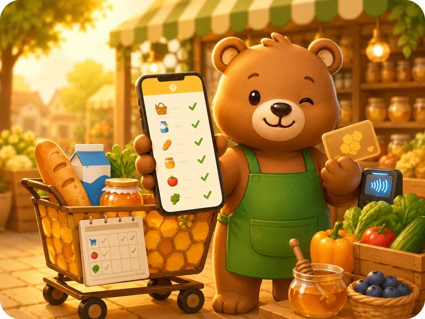 A friendly bear organizing groceries beside a shopping cart