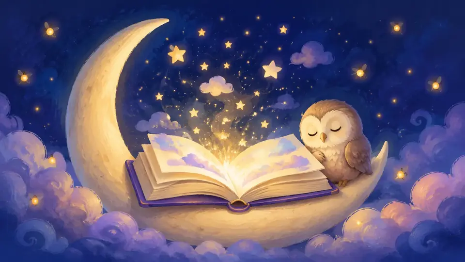 Taleabye moon, owl, and storybook artwork